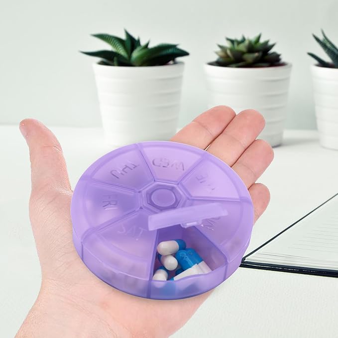 Portable Weekly Pill Organizer (Pack of 2) 7 Day Container,Round Case Travel Friendly,Daily Week Pill Reminder,Vitamin,Supplement,Fish Oil,Medication Planner (Purple)