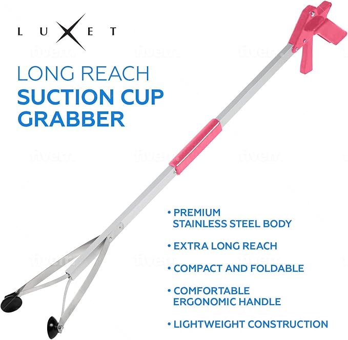 Grabber Tool 32" Suction Cup Grip Heavy Duty Aluminum -2 Pack- Lightweight Foldable Reacher Grabber Pickup Tool, Gripper Grabbers for Elderly Grab it Reaching Tool Trash Picker Grabber Pink, By Luxet