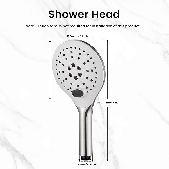 KPW Shower Head Detachable Handheld Brushed Nickel 3 Spray Modes High Pressure Showers