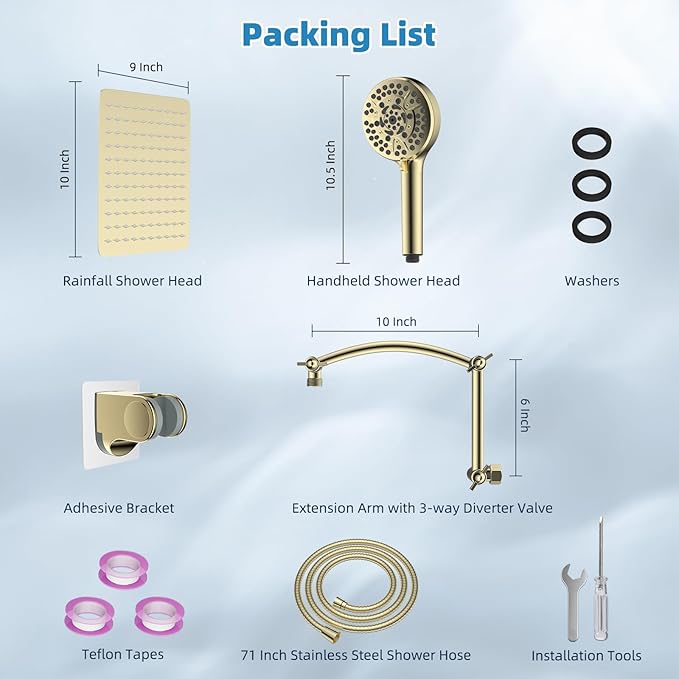 Hibbent All Metal cUPC Certified Shower Head, 10'' High Pressure Rain Shower Head, Handheld Showerhead Combo with 16'' Adjustable Extension Arm, 10 Sprays, 71'' Hose, Shower Holder, Polished Brass