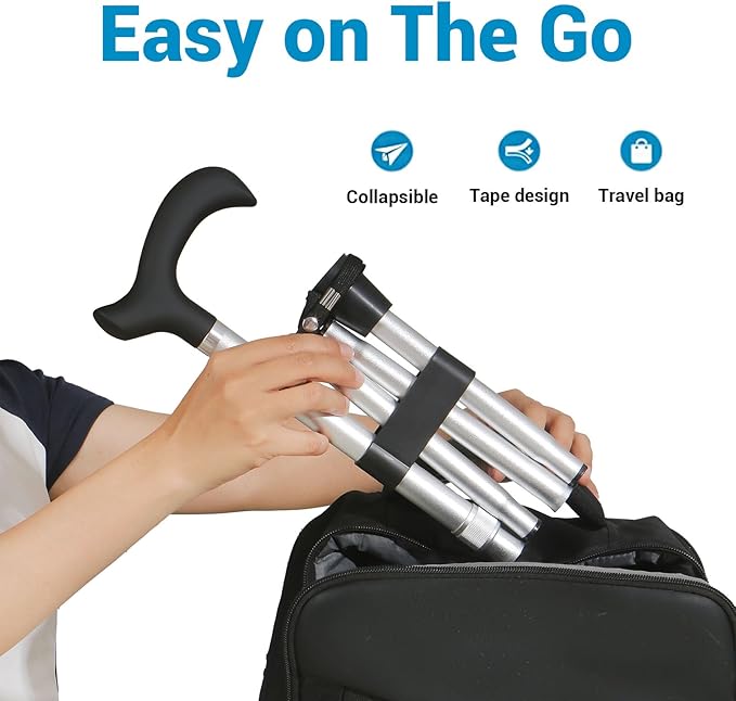 Folding Cane, 5-Level Adjustable Height Lightweight Portable Foldable Walking Canes with Wrist Strap and T Handle for Men Women Seniors
