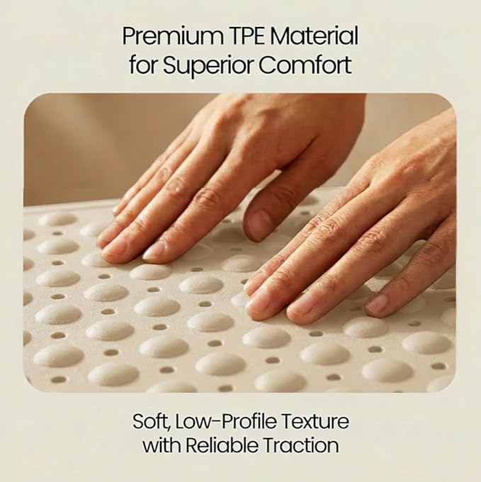 Minimalist TPE Bathtub Mat Non Slip for Tub & Shower, Bath Mat with Strong Suction Cups, Soft Comfortable Shower Mat, Quick Drain Holes, Machine Washable, Beige Mats, 27.5’’ x 16’’