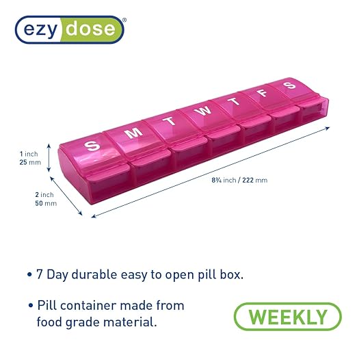 EZY DOSE Weekly (7-Day) Pill Case, Medicine Planner, Daily Vitamin Organizer Box, X-Large Push-Button Compartments, Convenient and Easy to Use, Arthritis Friendly, Transparent Lids, Pink, BPA Free