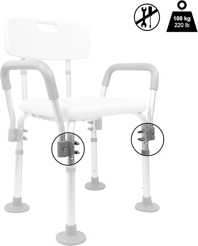 PEPE Mobility Shower Chair to Sit on in Shower, Height Adjustable with Non-Slip Tips, Removable Armrests, Tool-Free Assembly, White, Safety Bath Seat