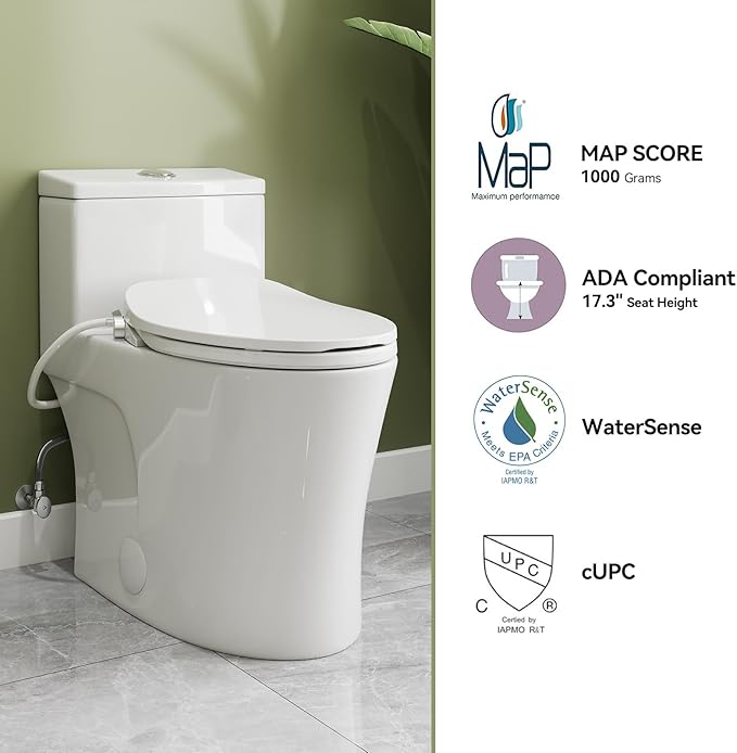 HOROW T0338W One Piece Toilet with Non-Electric Bidet Toilet Seat, Elongated ADA Chair Height Toilets with Adjustable Nozzles Seat, Powerful Dual Flush & Soft Closing Seat Include, White