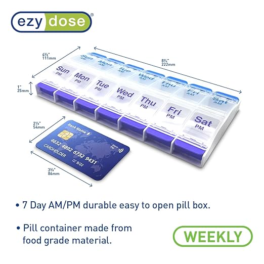 EZY DOSE Push Button (7-Day) Pill Case, Medicine Planner, Daily Vitamin Organizer, 2 Times a Day AM/PM, X-Large Compartments, Arthritis Friendly, Easy to use, Clear Lids, Purple and Blue, BPA Free