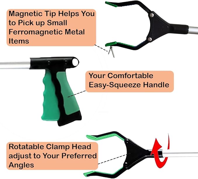 Foldable Grabber Reacher for Seniors – Lightweight, Rotatable Clamp, Non-Slip Grip, 32" Long, an Arm Extension Pickup Tool [Green]