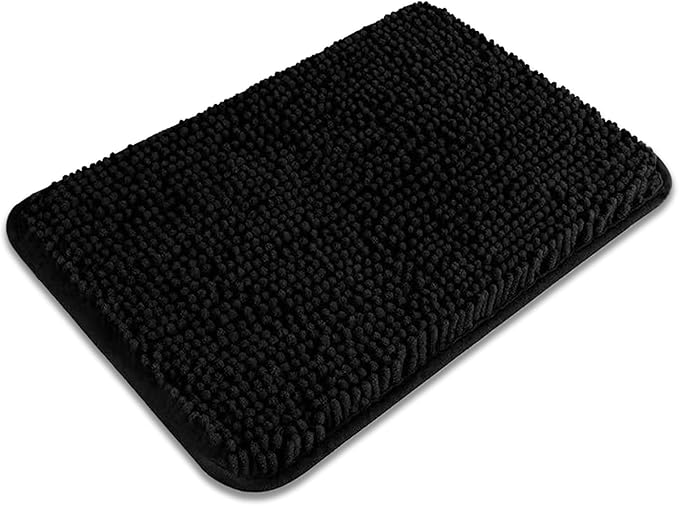 Small Bathroom Rug 12"x18" – Washable and Absorbent Bath Mat, Non Slip, Thick Soft Chenille Bath Rugs for Bathroom, Shower, Sink, Dog mat(Black)
