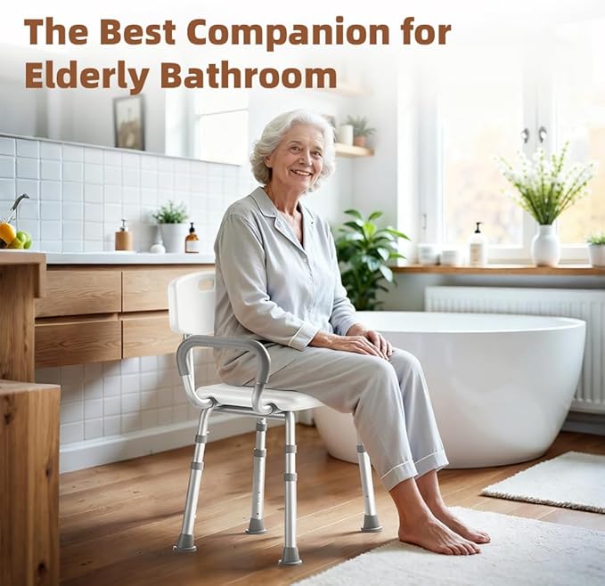 Adjustable-Height Shower Chair for Seniors Features a Sturdy Aluminum Frame, Non-Slip Surface, Drainage Holes, 3 in-1easy Installation, and Supports up to 350 lbs