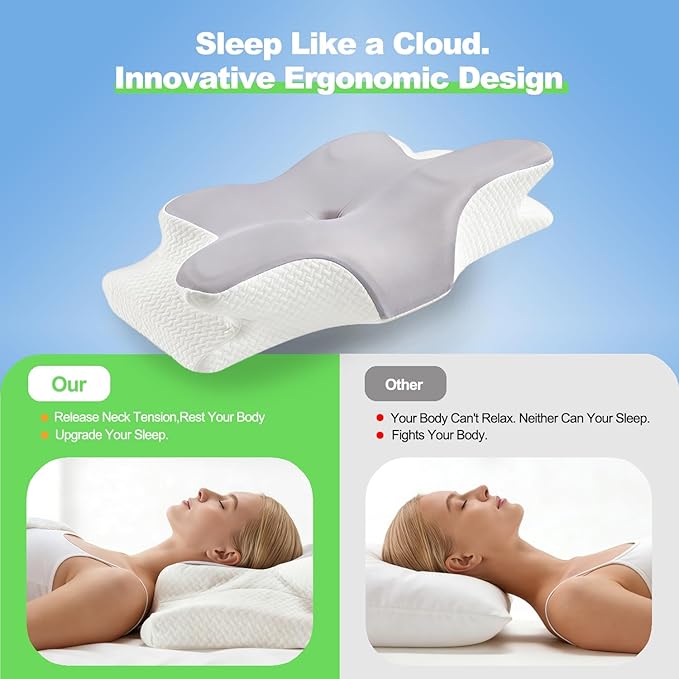 Cervical Neck Pillow – Ergonomic Neck Pain Relief Pillow, Contour Memory Foam Orthopedic Support, Ideal for Side Back Stomach Sleepers with Cooling Breathable Pillowcase