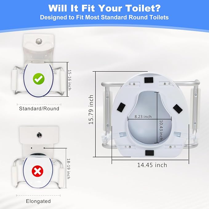 Raised Toilet Seat with Handles for Seniors - Adds 5 Inch - Elevated Toilet Seat Riser with Cushion - Supports 300 lbs - for 16'' Standard/Round Toilet - Includes Lid, Black
