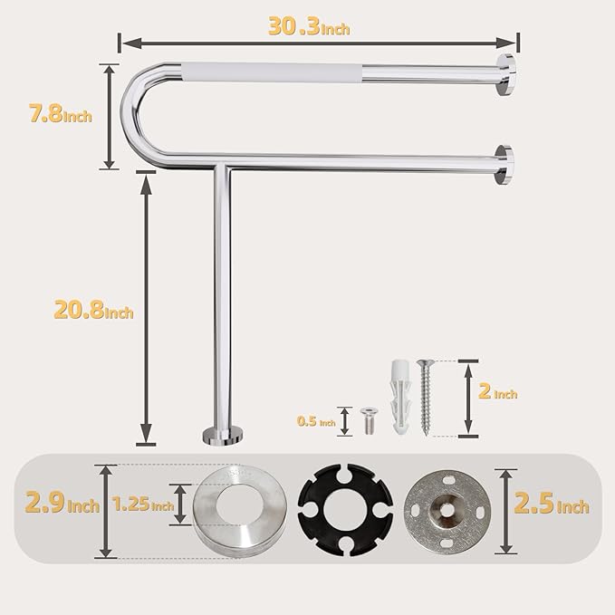 Toilet Grab Bar with Leg, Floor Mounted Knurled Safety Rail, Heavy Duty Brushed Nickel Stainless Steel Support Handle, Bathroom Stand Assist, Non-Slip Mobility Aid for Elderly, Disabled, 31 Inch