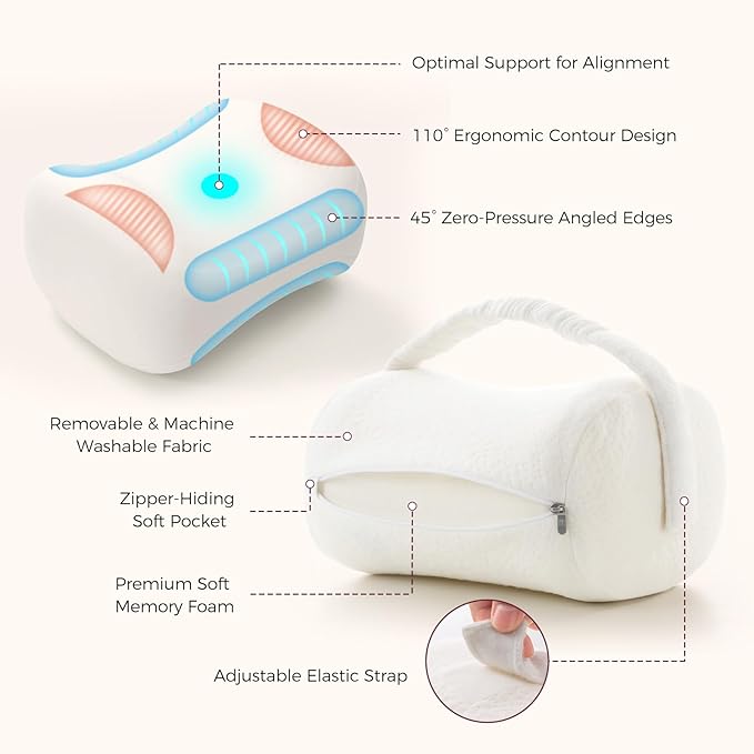 Momcozy Knee Pillow for Side Sleepers, Soft Memory Foam & Pinch-Free Design, Relieve Knee, Leg and Sciatica Pain, Adjustable Elastic Strap Ideal for Pregnant Women and Seniors, White