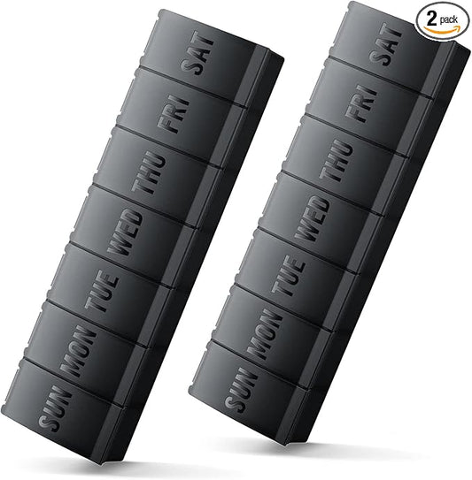 Large Pill Organizer 2 Pack, Easy-Open Weekly Pill Organizer, XL Daily Pill Organizers, 7 Day Medicine Pill Organziers, Medicine Box 7 Day for Large Vitamin Supplements (Double Black)