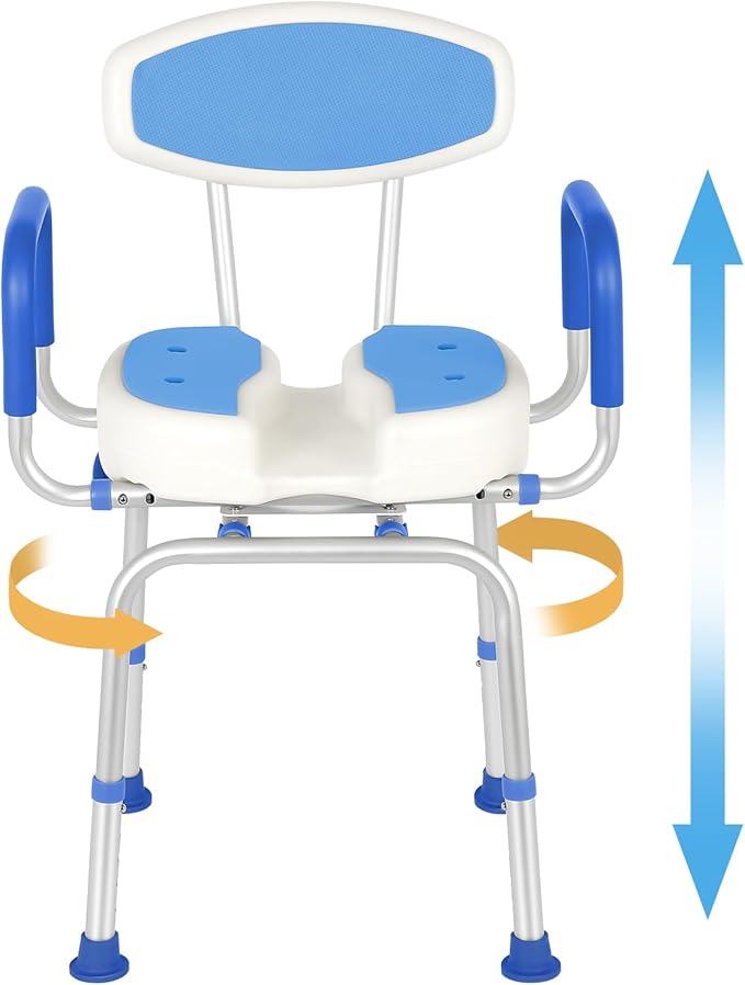 FAHKNS Swivel Senior Bathing Chair with Arms & Back, 400 LBS Heavy Duty U-Shape Seat, Height Adjustable Safety Bath Seat for Tub, Elderly & Disabled