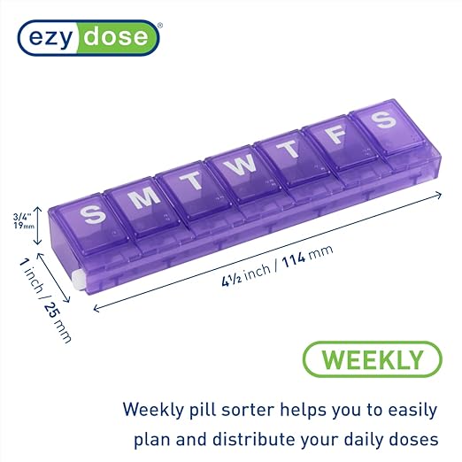EZY DOSE Weekly (7-Day) Pill Planner, Medicine Case, Vitamin Organizer Box, Small Locking Compartments to Secure Prescription Medication and Prevent Accidental Spilling, Purple