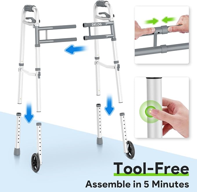 Delog Narrow Folding Walker for Seniors with Trigger Release and 5 Inches Wheels, Lightweight Supports Up to 350 lbs, Aluminum Folding Walker for Elderly, Handicapped and Disabled