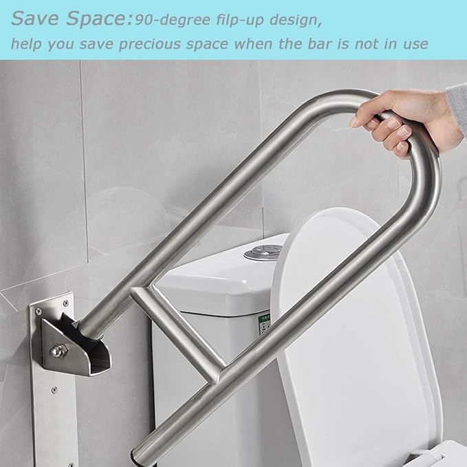 FlySkip Fold Down Grab Bar - 24" Stainless Steel Flip-Up Handicap Support Bar for Bathroom Shower Safety
