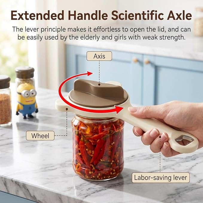 4-in-1 Jar Opener for Seniors -Adjustable Lid Opener with Non-Slip Grip, Stainless Steel Jar Lid Opener for Arthritis Sufferers, Fits Kitchen Jars, Bottles & Cans, Home Kitchen Helper(Brown)