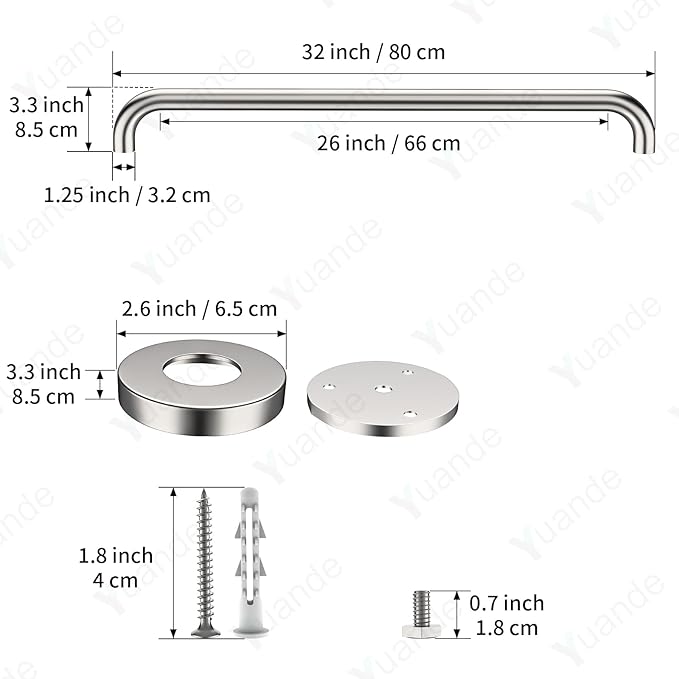 4 Pack 32 Inch Shower Grab Bars, YuanDe Brushed Nickel Stainless Steel Bathroom Wall Grab Bar Handle, Shower Balance Bar, Safety Hand Rail Support, Handicap Elderly Senior Bath Grab Handle(1.25" Tube)