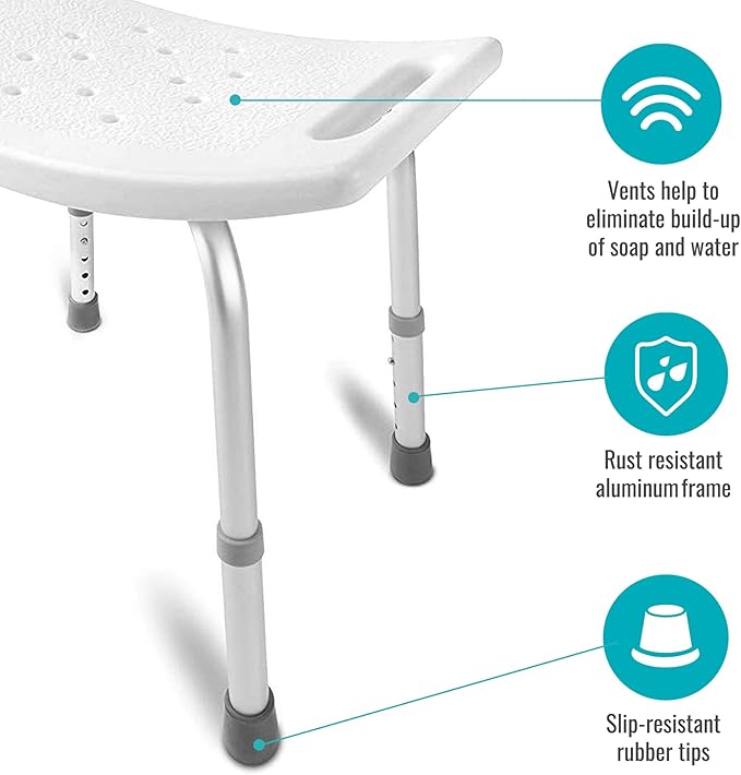 DMI Shower Chair Bath Seat for Tub or Shower Bench for Inside Shower, Made of Non Slip Aluminum with Plastic Seat, No Tools Needed, Adjustable Height, Holds Weight up to 300 Pounds, Bath Bench, White