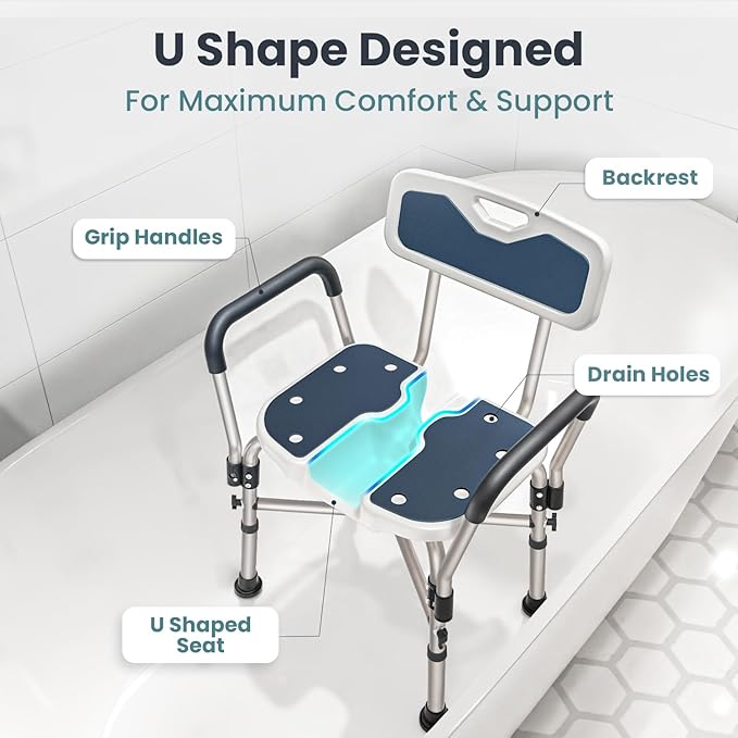 Shower Chair U-Shape Seat (450lb) Heavy Duty - Padded Armrests and Back, Shower Chairs for Elderly and Disabled, Handicap, Shower Chair for Inside Shower, Adjustable Height - Teal