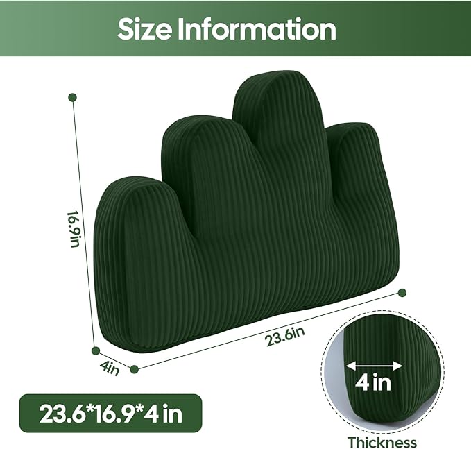 Lumbar Support Pillow for Recliner, Back Support Pillow for Office Chair, Ergonomic Corduroy Lumbar Pillow with Shredded Foam, Lower Back Pain Relief for Gaming Chair, Couch, Green