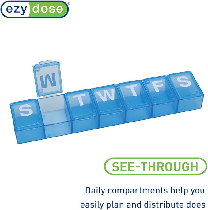 EZY DOSE Weekly (7-Day) Pill Organizer, Medicine Planner, Vitamin Organizer Box, Case for Supplements and Fish Oils, Convenient and Easy to Use Medium Compartments, Travel Friendly, Blue, BPA Free