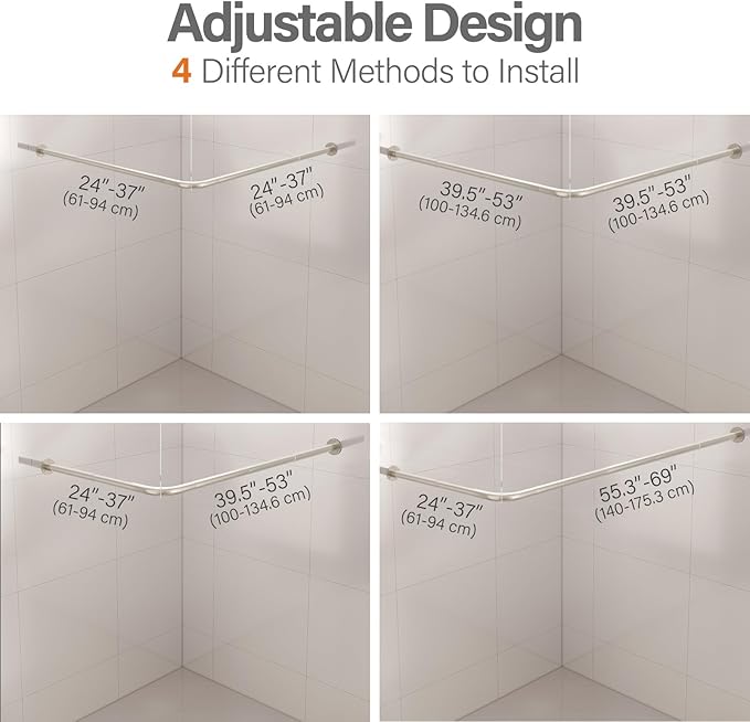 L Shaped Corner Shower Curtain Rod, 24" - 53" x 24" - 53" Adjustable 90 Degree Curved Bathroom Rod Square Rail No Sag with 12 Hooks & Ceiling Support - Silver