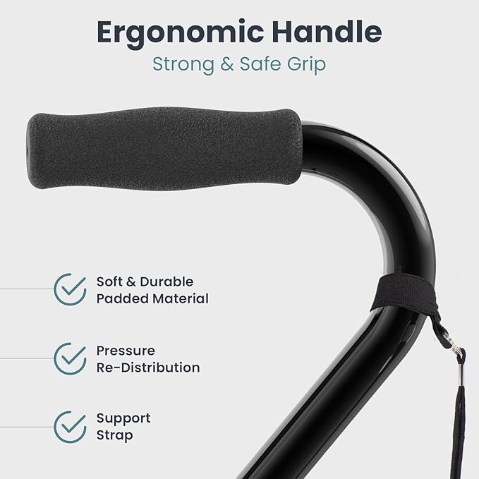 PELEGON Quad Cane (300LB) - Adjustable Walking Cane with A Large 4 Pronged Base for Extra Balance & Stability, Walking Canes for Seniors, Walking Cane for Men & Women, Walking Sticks