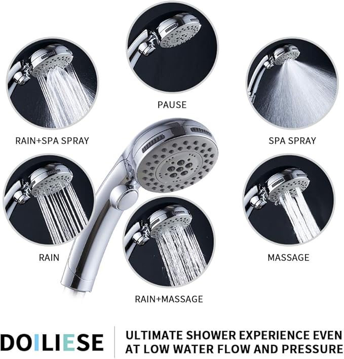 DOILIESE High Pressure Shower Head with Handheld Spray 6 Settings Hand Held Shower Head with On Off Switch and Spa Spray Mode 60 In Hose, Chrome