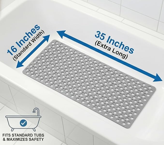 Nonslip Bathtub Mat Extra Soft TPE Bath Mat for Kids, Machine Washable Bathroom Shower Mat, Smooth/Non-Textured Tubs Only, 35L x 16W Inch (Light Gray)