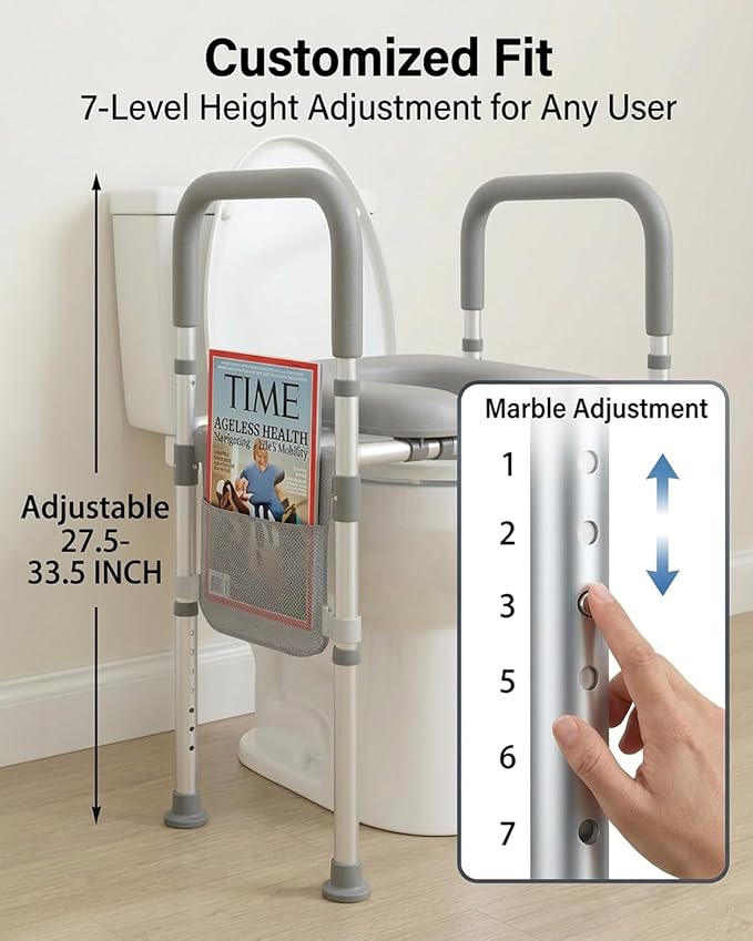 Toilet Riser Seat, Adjustable Height & Width, Aluminum Alloy Frame & Soft Leather Seat, Elderly Toilet Chair with Storage Shelf & Tissue Holder, Anti-Slip Feet, 330lbs Capacity for Seniors