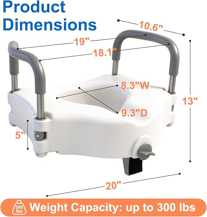 5" Raised Toilet Seat with Removable Padded Handles, Toilet Seat Riser Fit for Seniors, Elevated Toilet Seat & Durable Construction & Secure Locking