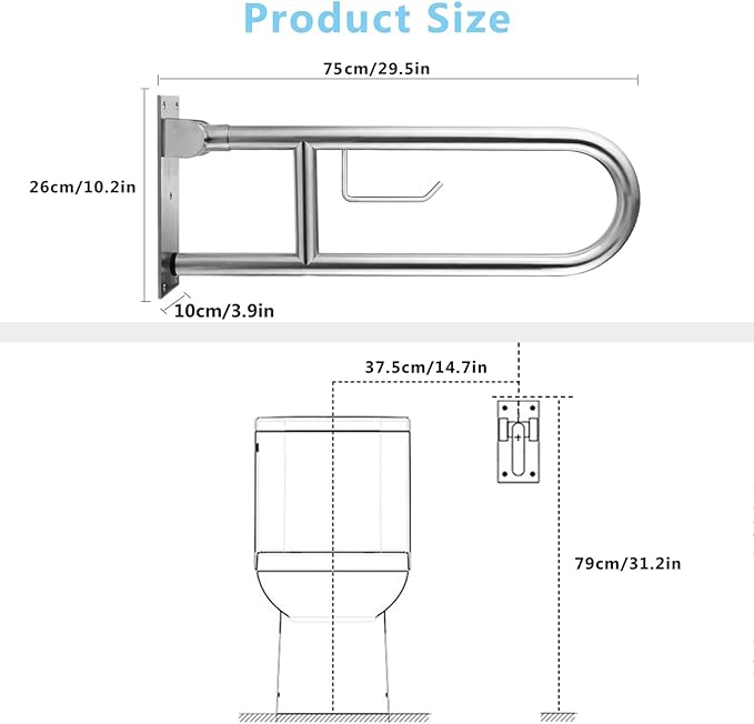 Toilet Grab Bar Stainless Steel Handicap Rails Grab Bars Bathroom Support for Elderly Disabled Safety Hand Railing Guard Frame Shower Assist Aid Handrails Hand Grips (29.5 Inches with Paper Holder)