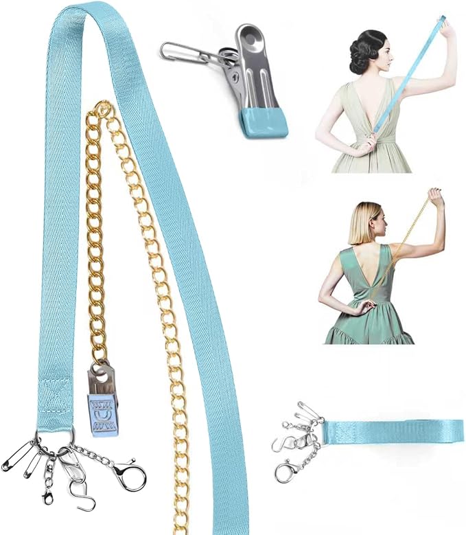 Lenporl Zipper Helper Pull for Dresses with 5 Hooks and Reinforced Design Zipper Helper with Detachable Clip Includes Bonus Metal Chain for Seniors and Pregnant Women (Blue)
