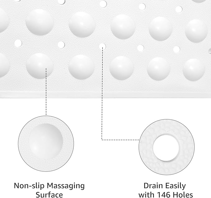 WarmSnow Long Bathtub Mat Non Slip 39.5 x 16 Inch, Inside Shower Mats with Suction Cups & Drain Holes, Soft TPE Bath Mat for Tub, Quick-Drain Bathroom Floor Mats, White