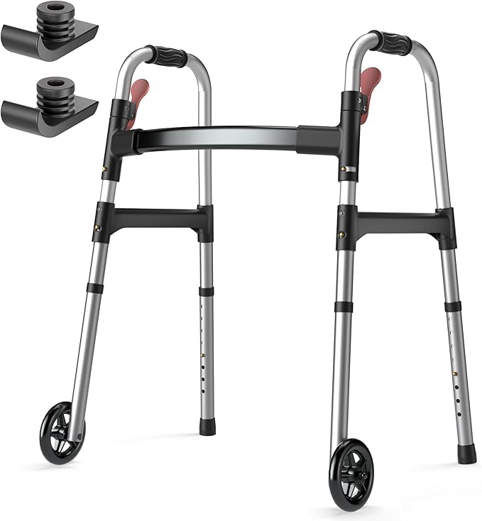 HOMLAND Walkers for Seniors, One-Hand Folding, 8 Height Adjustments, Walkers with Wheels, 2 Skis and 5" Wheels, Lightweight Walker for Seniors, Standard Walkers for Seniors, Aluminum Frame, Silver