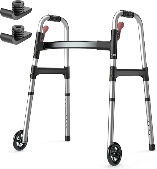 HOMLAND Walkers for Seniors, One-Hand Folding, 8 Height Adjustments, Walkers with Wheels, 2 Skis and 5" Wheels, Lightweight Walker for Seniors, Standard Walkers for Seniors, Aluminum Frame, Silver