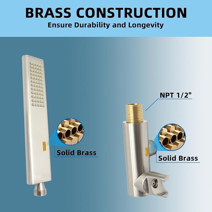 Solid Brass Handheld Shower Head Arc Design High Pressure Brushed Nickel Hand Shower Wand with Adjustable Supply Elbow Wall Connector Shower Holder and 59″ Stainless Steel Hose Set