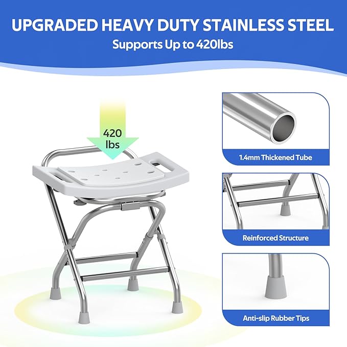 Folding Shower Seat - Stainless Steel Shower Chair for Inside Shower - 420lbs Height Adjustable Foldable Shower Stool - Portable Travel Collapsible Bath Bench for Elderly, Handicap & Disabled