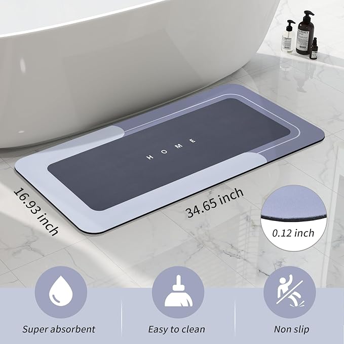 Housego Absorbent Bath Mat Magic Rug, Quick Drying Magic Bath Mat Non-Slip Floor Rug Rubber Backed for Bathroom Kitchen Shower Sink, Water Absorbent (1PC, 16.93''x34.65'', Blue)