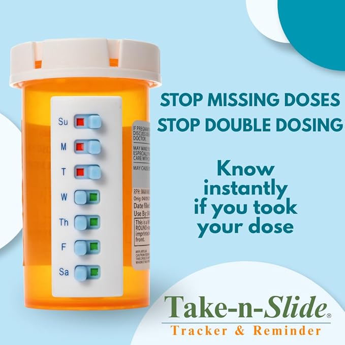 TAKE-N-SLIDE Peel and Stick Reusable for 12 + Refills, Pill/Medication/Vitamin/Pet Med Tracker & Reminder, Attach to Your Bottle, Organizer-Free, Curved‑Back (White, 2-Pack)