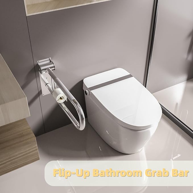 23 Inch Toilet Grab Bar, Flip Up Grab Bar with Paper Holder, Anti-Slip Safety Bars for Toilet, Stainless Steel Knurled Toilet Handles for Seniors Disabled Elderly Pregnant, Brushed Nickel