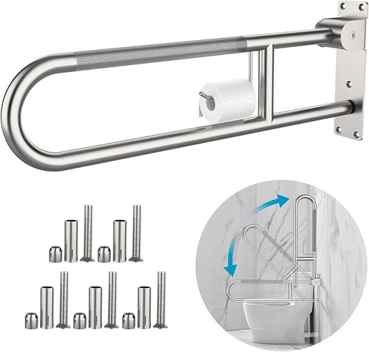Toilet Grab Bar 30.3 Inch, Munzong Anti-Slip Handicap Grab Bars with Paper Holder, Flip-Up Bathroom Toilet Safety Rails, Stainless Steel Knurled Support handrails for Seniors Elderly Disabled Pregnant