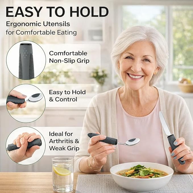 Adaptive Weighted Utensils 4 Piece Set, Non Slip Grip Silverware for Elderly Adults, Easy Hold Assistive Eating Tools for Seniors (Right-handed)