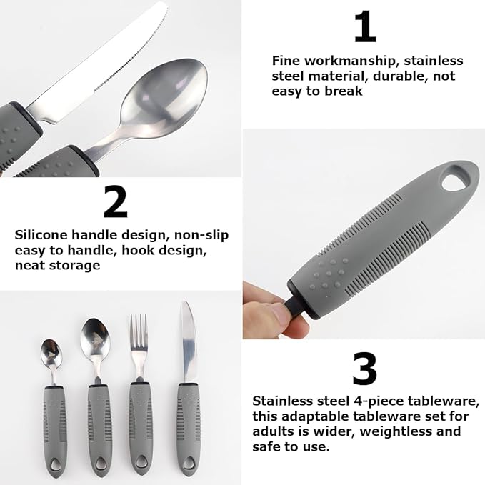 Adaptive Utensils Set for Elderly & Arthritis - 4Pcs Lightweight Stainless Steel Silverware for Weak Hand Grip, Tremors and Handicapped