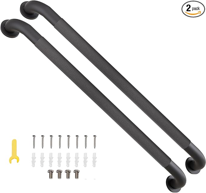 2 Pack Shower Grab Bar, 32 Inch Bathroom Grab Bar Handle with Anti-Slip Knurled Grip, Stainless Steel Bath Balance Bar, 1.25" Diameter Bath Safety Bar Support for Seniors Elderly Pregnant, Matte Black