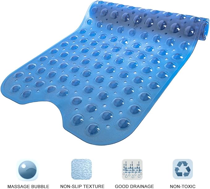 Linoows Bathtub and Shower Mats, Extra Long Non-Slip Bath Tub Mat 39 x 16 Inch, Machine Washable Bathmat with Suction Cups & Drain Holes for Bathroom Floor, Clear Royal Blue