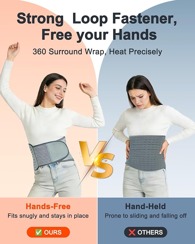 Heating Pad for Back Pain Relief, 12" x 24" + 26" XL Electric Heating Pad for Period Cramps with Loop Fastener for Hands-Free 360 Fit, 4 Timers & 6 Temperatures, Auto Shut-Off, Machine Washable
